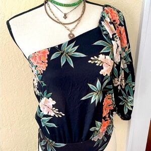 Zara Black One-Shoulder Floral Bodysuit
